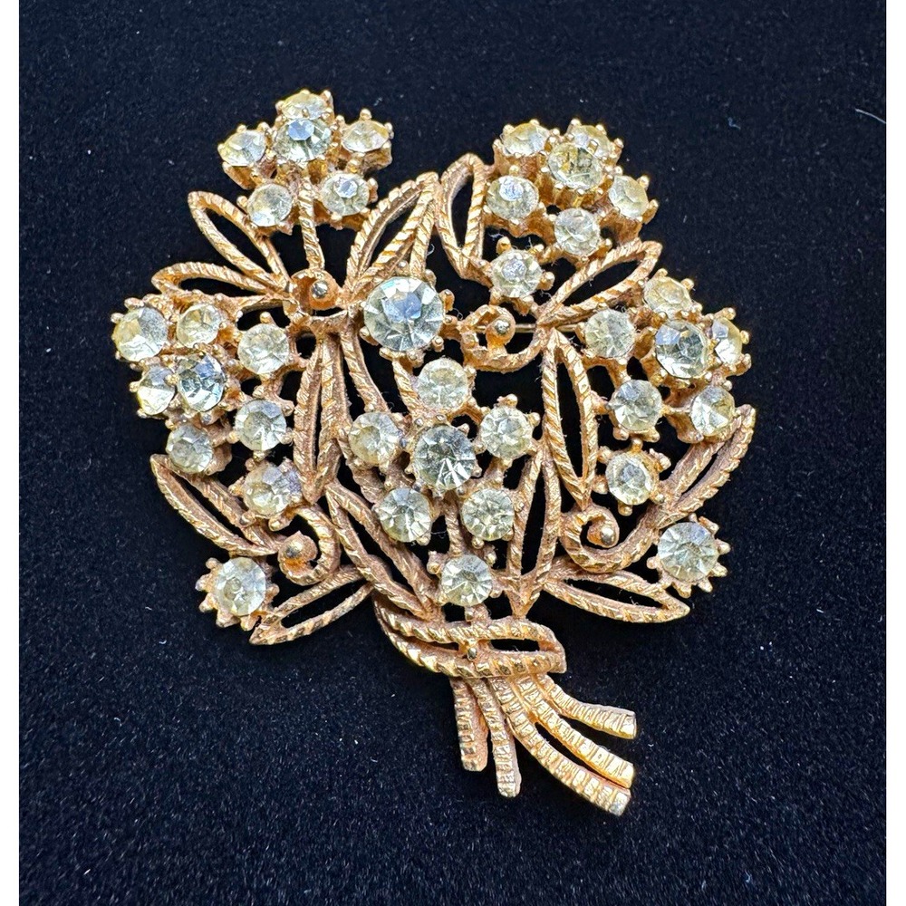 Gold Tone Flower Bouquet Brooch Pin Clear Rhinestones Gold & Clear Flowers